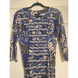 BCBG MaxAzria Dress Size Small Blue Printed Paneled Formal Sheath 3/4 Sleeves